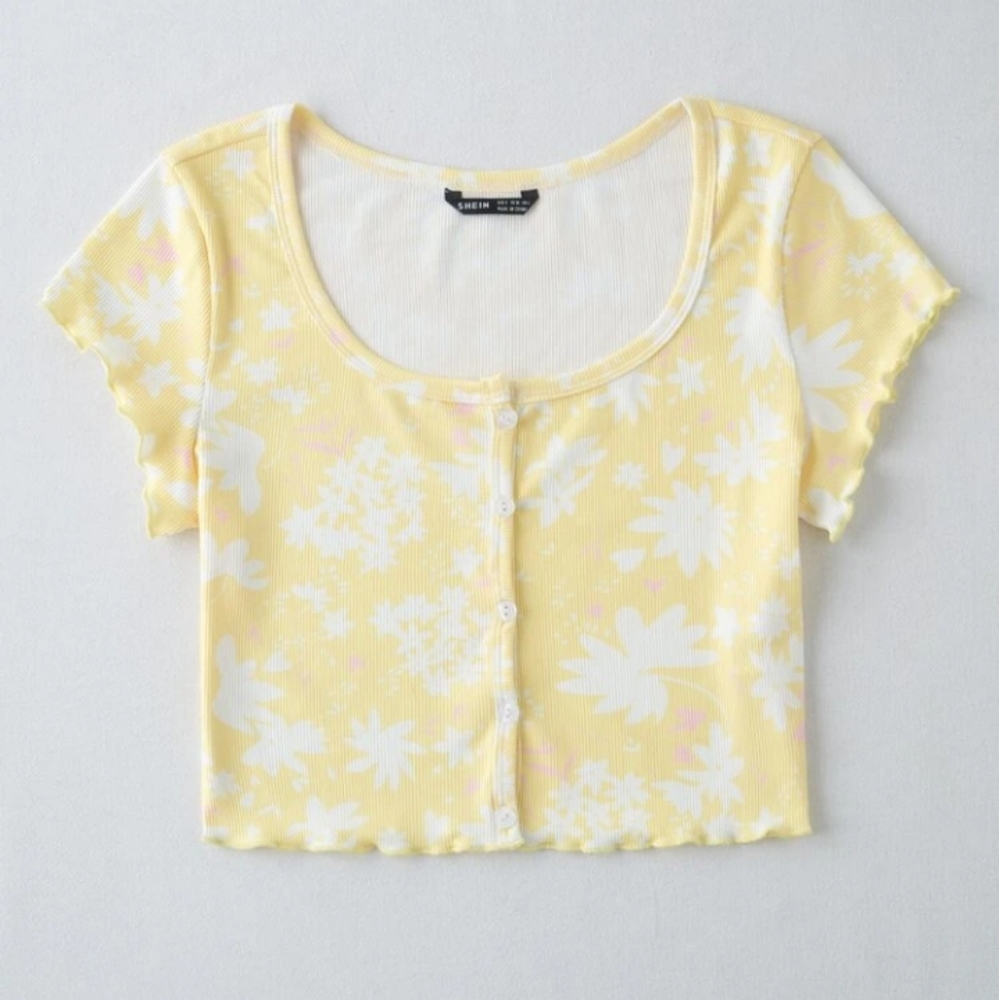 Shein Floral Button Front Lettuce Trim Top
